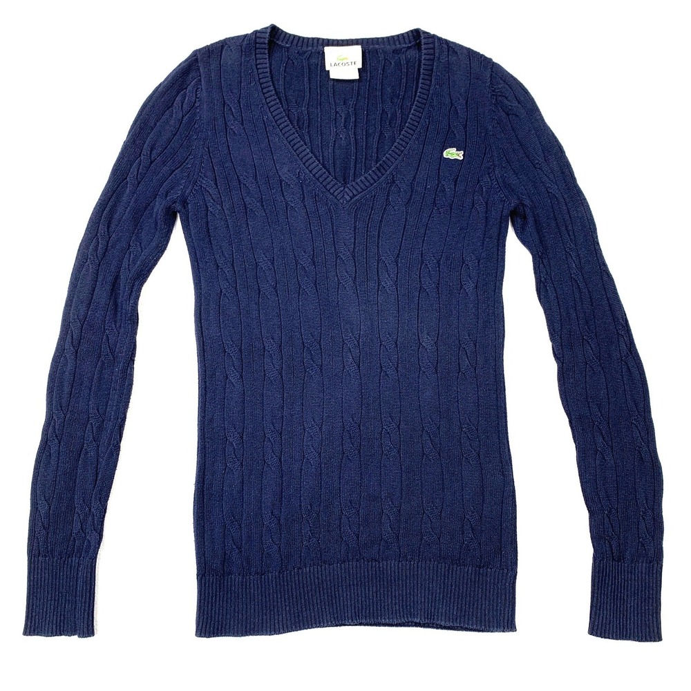 Lacoste Sweater Womens 34 XS Navy Blue 100% Cotton Cable Knit V Neck Crocodile